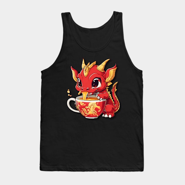 Red and Gold Dragon Sipping Tea Tank Top by vwagenet